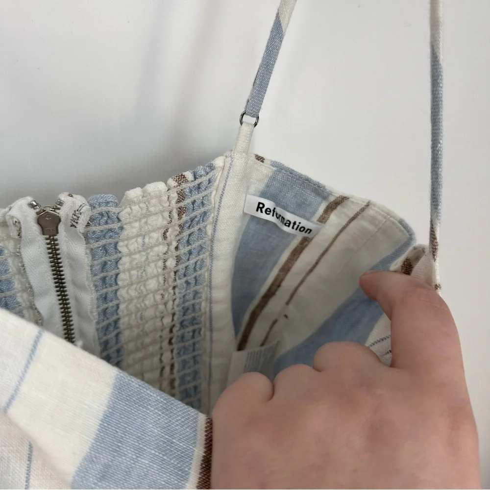 Reformation Pinstripes Spaghetti Strap Zip Up Linen Beachy Romper